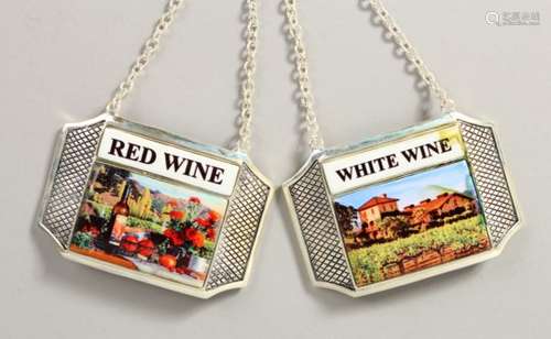 A PAIR OF PLATE AND ENAMEL WINE LABELS, WHITE AND RED WINE.