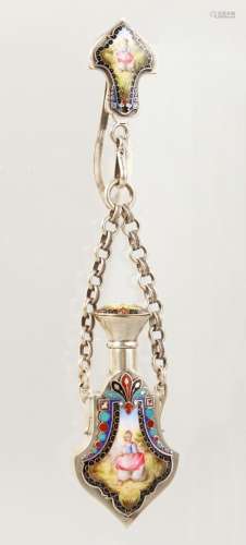 A VERY GOOD SILVER AND ENAMEL PERFUME BOTTLE CHATELAINE.
