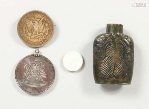 A SOAPSTONE SNUFF BOTTLE, MEISSEN MODEL OF A COIN, 19TH CENTURY MEDAL AND AN AMERICAN DOLLAR 1892,