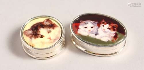 TWO SMALL SILVER PILL BOXES with enamels of cats.