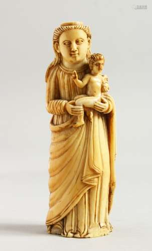 A GOOD 17TH-18TH CENTURY GOAN CARVED IVORY MADONNA AND CHILD, (no base). 5ins high.