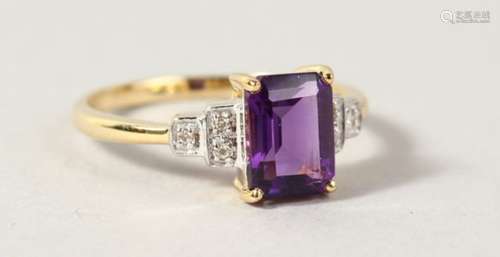 A 9CT GOLD EMERALD CUT AMETHYST AND DIAMOND RING.