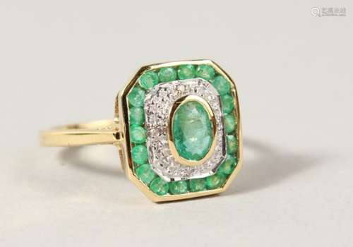 A 9CT GOLD, EMERALD AND DIAMOND ART DECO STYLE RING.