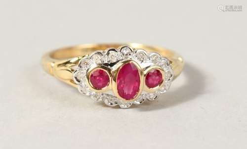 A 9CT GOLD, RUBY AND DIAMOND RING.