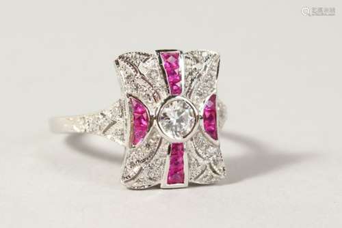 A SILVER ART DECO DESIGN FAUX RUBY AND CZ RING.