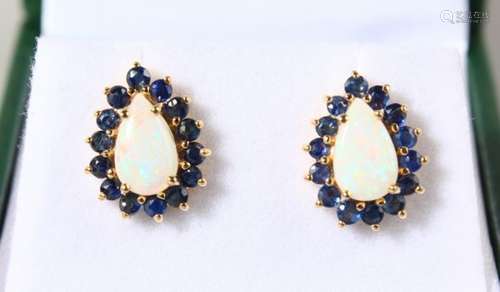 A PAIR OF 9CT GOLD, PEAR SHAPED OPAL AND SAPPHIRE EARRINGS.