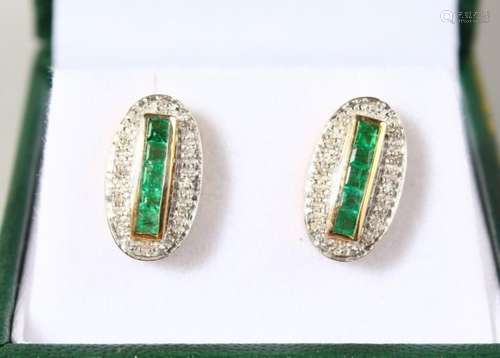 A GOOD PAIR OF 9CT GOLD, EMERALD AND DIAMOND DECO STYLE EARRINGS.