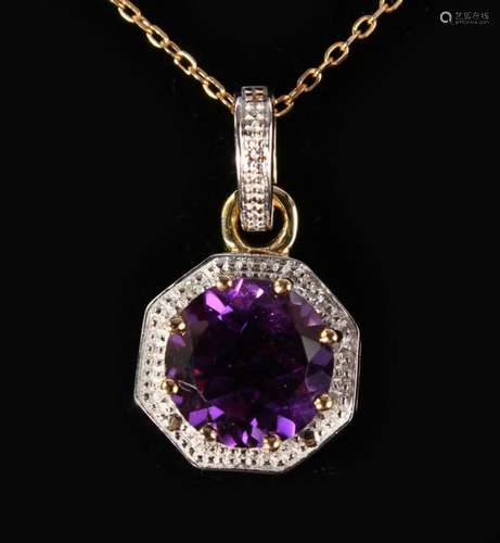 A 9CT GOLD, AMETHYST AND DIAMOND PENDANT AND CHAIN.