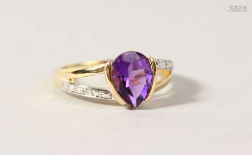 A 9CT GOLD, PEAR SHAPED AMETHYST AND DIAMOND RING.