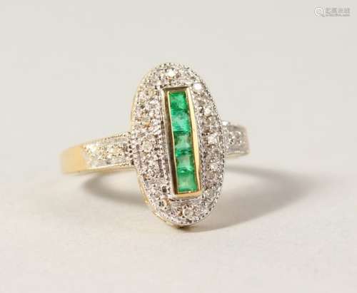 A 9CT GOLD DECO DESIGN EMERALD AND DIAMOND RING.