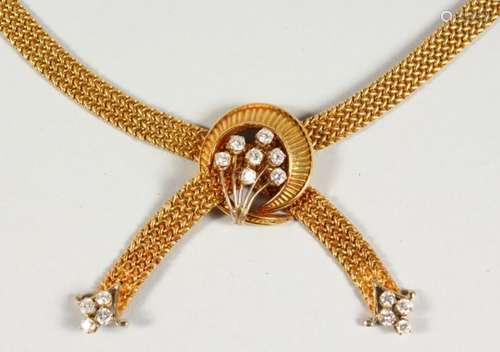 VAN CLEEF & ARPELS, A GOOD 18CT GOLD AND DIAMOND NECKLACE, with a woven mesh chain, a spray of seven