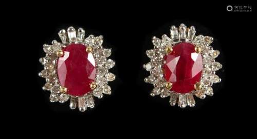 A GOOD PAIR OF 18CT YELLOW GOLD, RUBY AND DIAMOND CLUSTER EARRINGS.