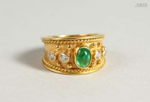 A GOOD 18CT YELLOW GOLD, EMERALD AND DIAMOND RING.