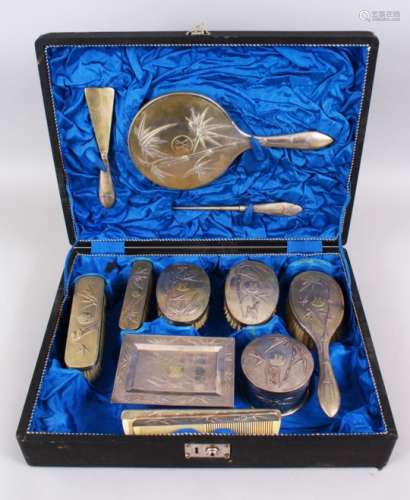 A 19TH CENTURY CHINESE SOLID GILT SILVER BAMBOO DRESSING TABLE SET BY TUCKCHAN, each item