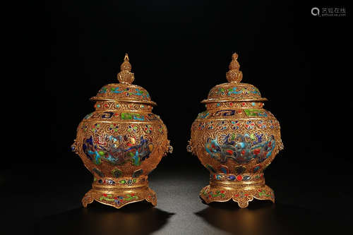 GILT SILVER BEAST VASE IN PAIR