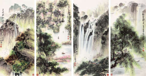 沈锡纯 （1910-2008） 山水四屏 设色纸本镜片