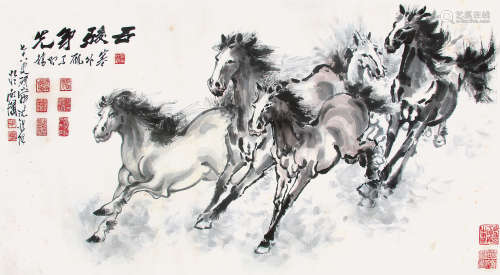 沈锡纯 （1910-2008） 五骏争先 设色纸本镜片
