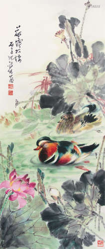 沈锡纯 （1910-2008） 荷塘双棲 设色纸本镜片