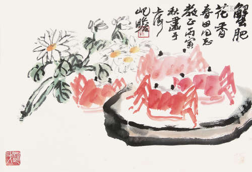 朱屺瞻 （1892-1996） 蟹肥花香1986年作 设色纸本册页