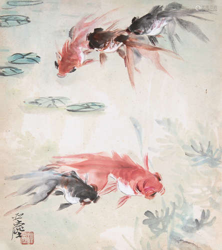 汪亚尘 （1894-1983） 金鱼 设色纸本卡纸