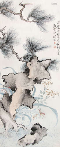 溥儒 （1896-1963） 奇石幽花抱冬节 设色纸本立轴