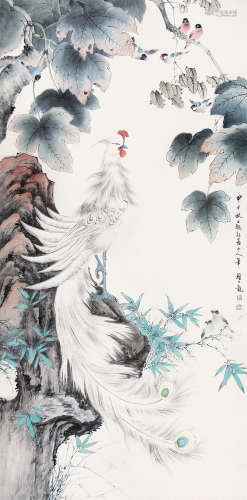 颜伯龙 （1898-1955） 梧桐棲凤1944年作 设色纸本立轴