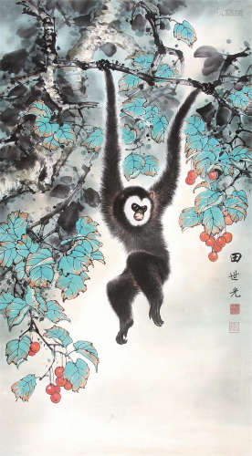 田世光 （1916-1999） 黑猿图 设色纸本镜片