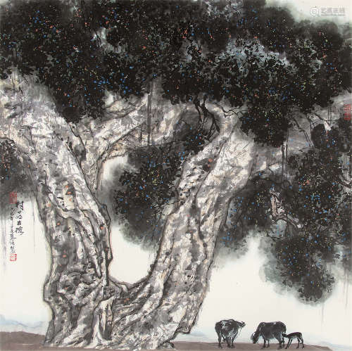 杜应强 （b.1939） 村口的古榕1989年作 设色纸本镜片