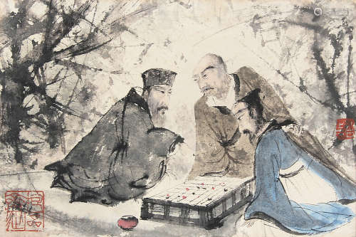 傅抱石 （1904-1965） 对弈图 设色纸本镜框