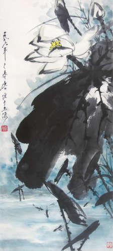 唐云 （1910-1993） 荷塘游鱼1976年作 设色纸本立轴