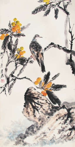 唐云 （1910-1993） 枇杷鸣禽 设色纸本立轴