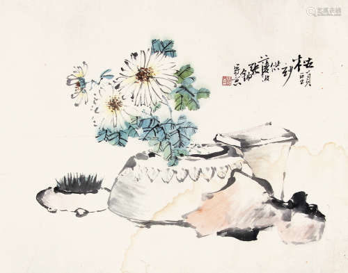 张锵 （1882-1964） 文房清供 设色纸本镜片