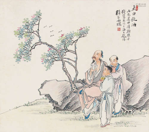 钱慧安 （1833-1911） 太白饮酒1856年作 设色纸本镜片