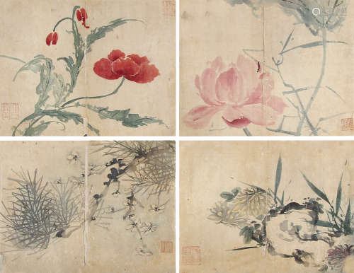张祥河 （1785-1862） 花鸟四帧 设色绢本托片