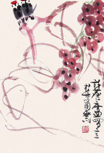 许麟庐 （1916-2011） 葡萄小鸟 设色纸本立轴