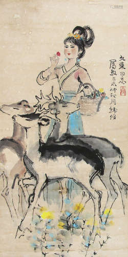 韩伍 （b.1936） 少女与鹿1979年作 设色纸本立轴