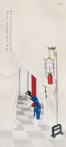 林雪岩 （1912-1965） 红袖晚妆 设色绢本立轴