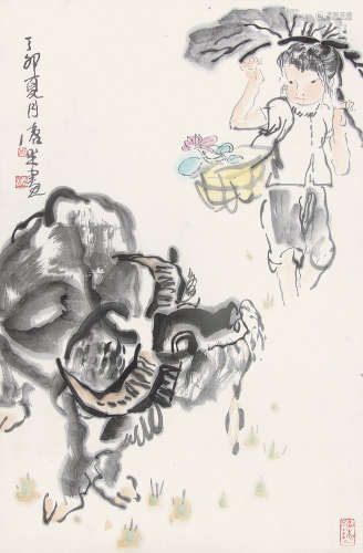 周沧米 （1929-2011） 牧童水牛1987年作 水墨纸本镜片