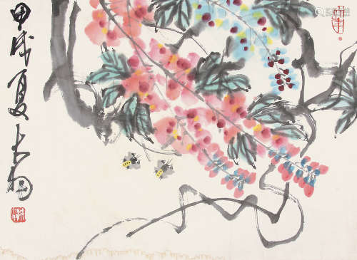 陈大羽 （1912-2001） 紫藤蜜蜂1994年作 设色纸本托片