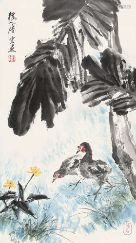 唐云 （1910-1993） 蕉荫双禽 设色纸本镜片