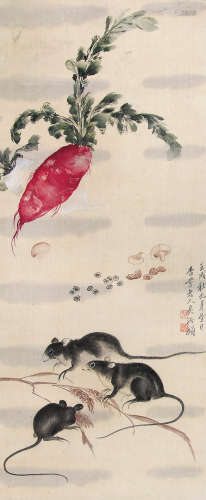 吴淑娟 （1853-1930） 三鼠图1922年作 设色绢本立轴