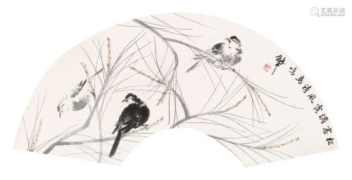 王和平 （b.1949） 清风鸟鸣 设色纸本扇片镜框
