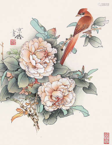 檀东铿 （1943-2018） 工笔花鸟 设色纸本镜框