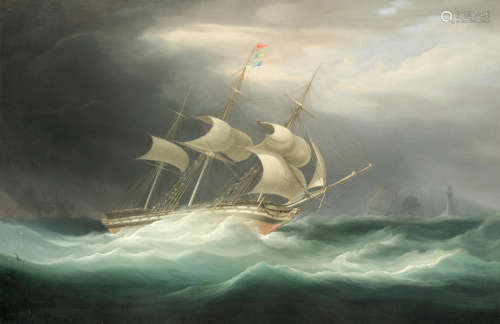 An East Indiaman in squally waters off the Eddystone lighthouse William John Huggins(British, 1781-1845)