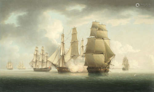 The Bristol privateer Caesar, 20-guns, Captain Valentine Baker, under attack by a French frigate of 32-guns whilst escorting a convoy nearing home on 27th June 1782  a pair each 53.4 x 88.9cm (21 x 35in). (2) Thomas Buttersworth(British, 1768-1828)