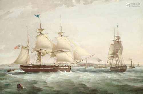 The East Indiaman Crown in two positions and paddle steamers off Folkestone George Chambers, Snr.(British, 1803-1840)