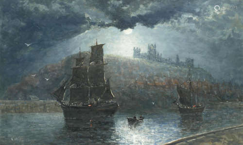 Sailing vessels under moonlight in Whitby Harbour Richard Weatherill(British, 1844-1913)