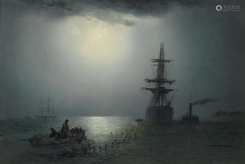 Shipping under moonlight Adolphus Knell(British, active 1860-1890)