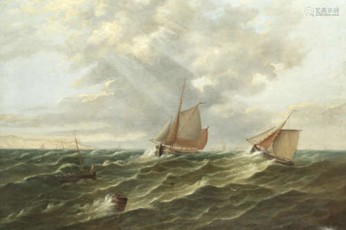 A break in the clouds, with mixed merchant vessels in coastal waters Attributed to John Moore of Ipswich(British, 1820-1902)