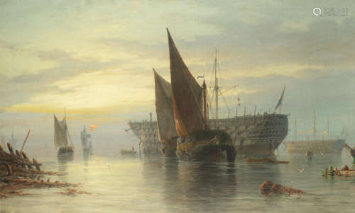 Hulks at rest, sunrise Richard Henry Nibbs(British, 1816-1893)